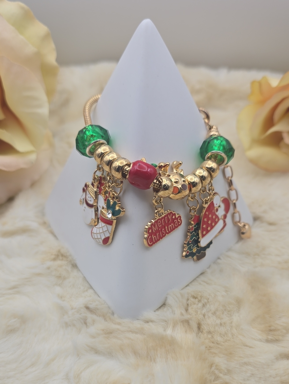 Festive Gold Tone Christmas Charm Bracelet Santa & Tree Holiday Jewelry